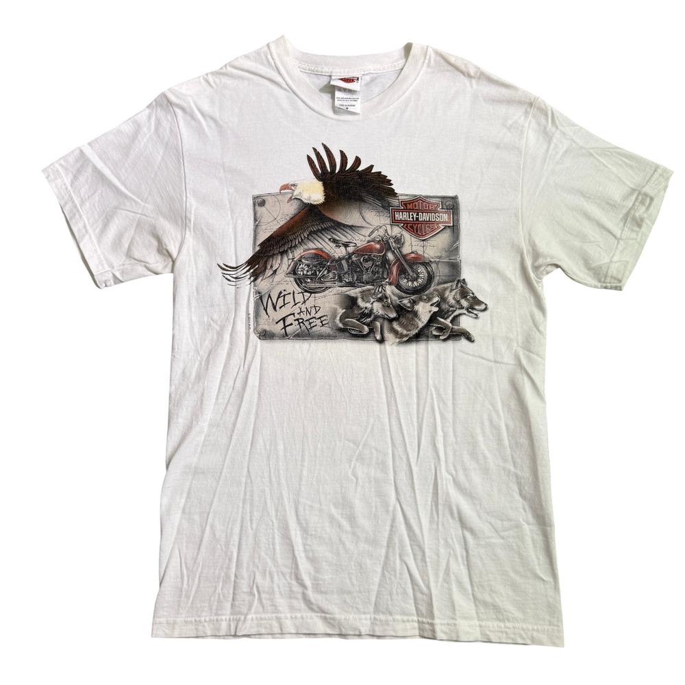 Harley-Davidson Lakeland Florida Wild and Free Eagle Wolf T-Shirt White Mens M